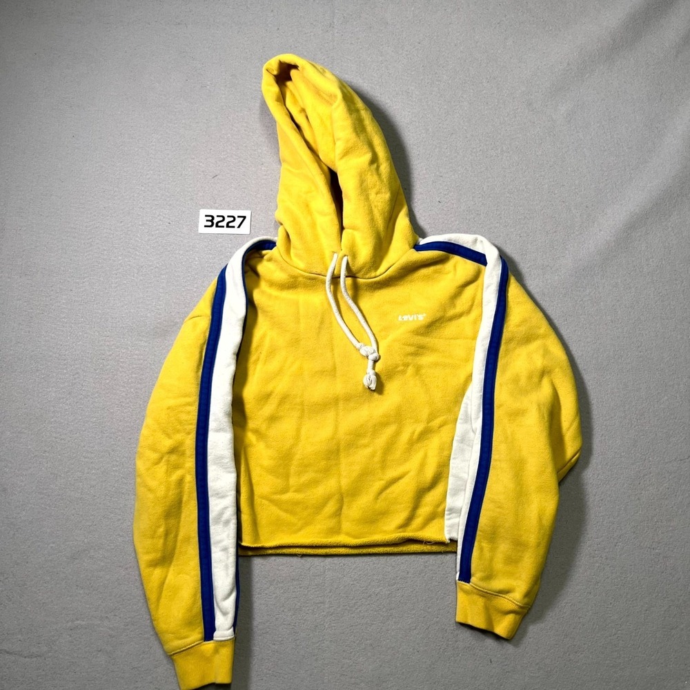 Levi's Crop Hoodie Womens Medium Yellow Striped Long Sleeve Raw Hem Fleece